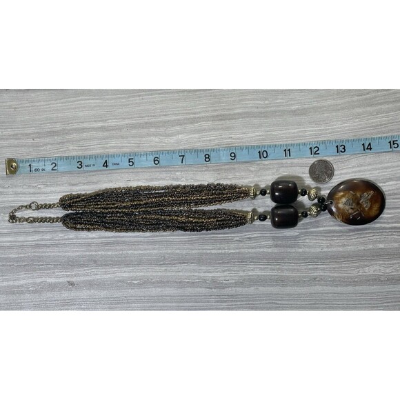 Resin Shell Inlay Oval Pendant and Beaded Necklace Brown Tan Gold Tone Chunky - Picture 7 of 16